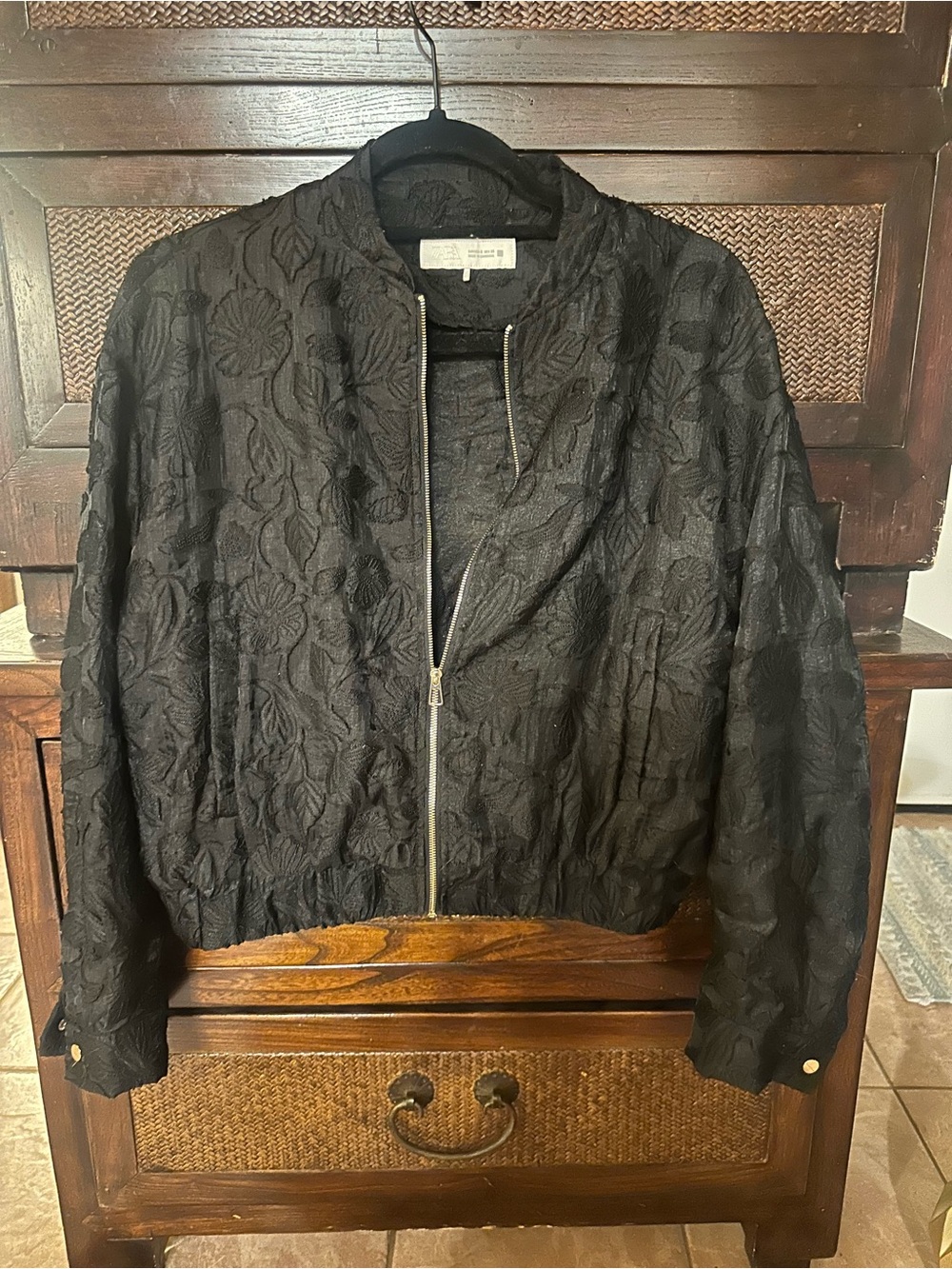 Zara Black Floral-Jacquard Bomber Jacket